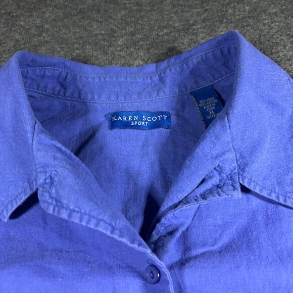 VTG Karen Scott Womens Button Up Blue Short Sleeve Linen Cotton Shirt Size XL - Picture 8 of 11